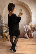 Charger l'image dans la galerie, Robe courte droite noir sequins noeud velours dos EMILIE (34 au 38)⭐️