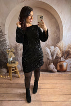 Charger l'image dans la galerie, Robe courte droite noir sequins noeud velours dos EMILIE (34 au 38)⭐️