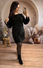 Charger l'image dans la galerie, Robe courte droite noir sequins noeud velours dos EMILIE (34 au 38)⭐️