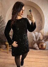 Charger l'image dans la galerie, Robe courte droite noir sequins noeud velours dos EMILIE (34 au 38)⭐️